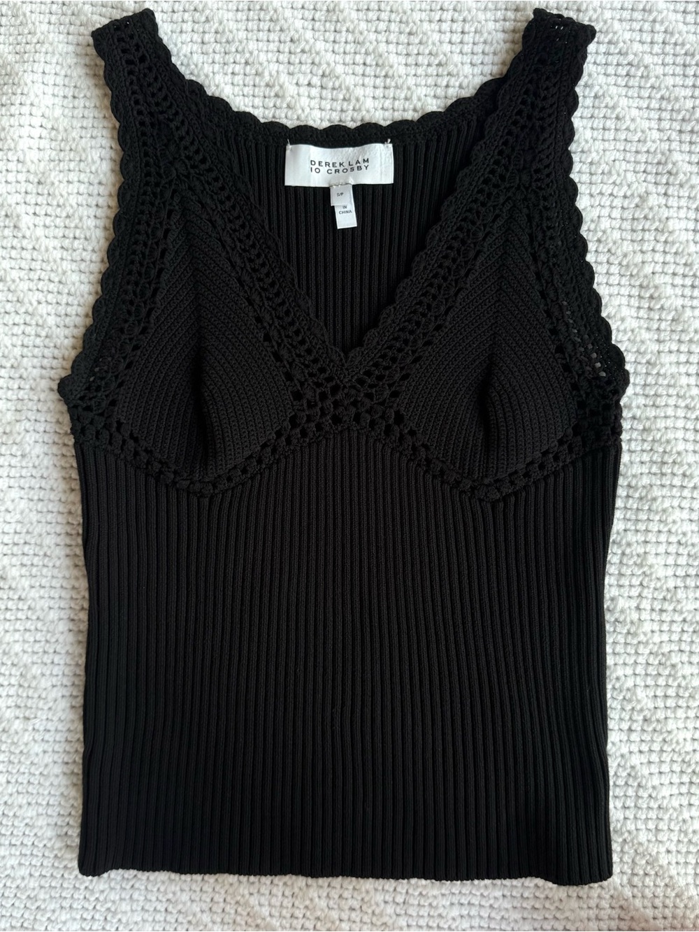 Derek Lam 10 Crosby Sia Crochet Trimmed Ribbed Knit Tank Top Small Black